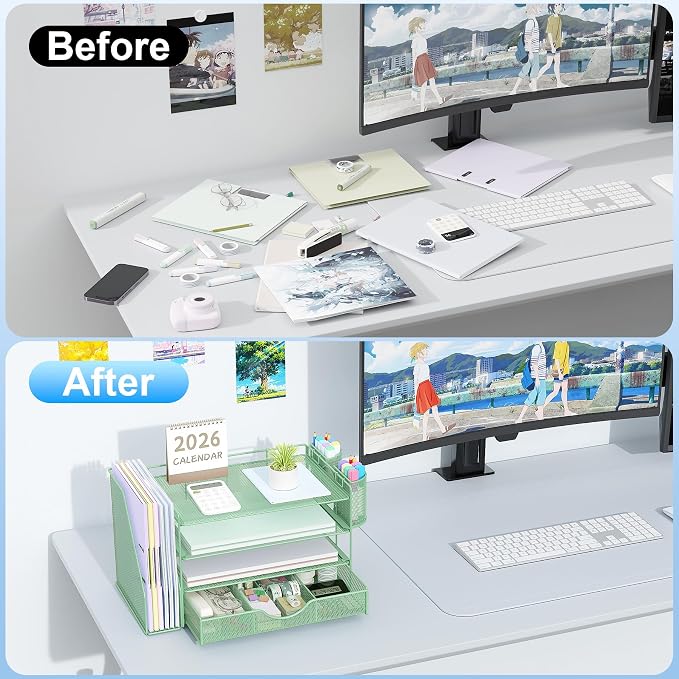 gianotter 4-Tier Desk Organizer with Drawers, File Holders, Letter Trays and Pen Holders - Workspace Accessories for Office Supplies (Sage Green) - Image 2