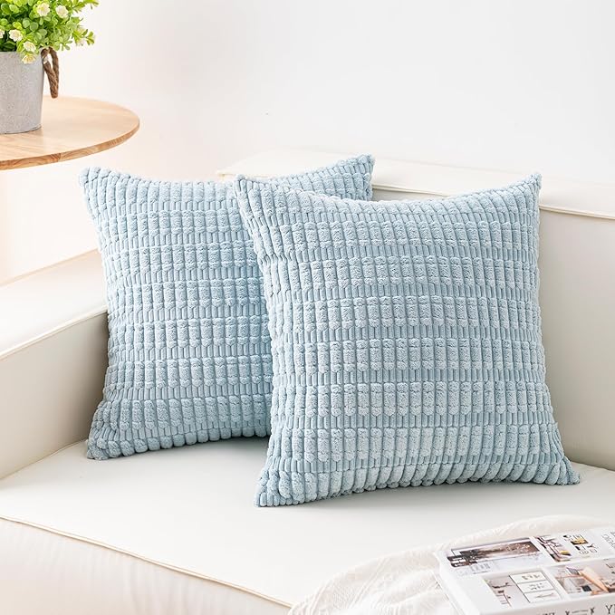 Aegero Pack of 2 Corduroy Decorative Throw Pillow Covers 16x16 Inch Soft Striped Pillow Covers Modern Farmhouse Home Decor for Sofa Living Room Couch Bed（Sky Blue） by Unknown