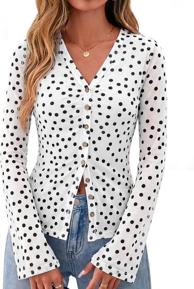 BTFBM Button Down Shirts for Women 2026 Fall Boho Tops V Neck Long Sleeve Blouses Ruched Mesh Fitted Fashion Clothing - Image 8