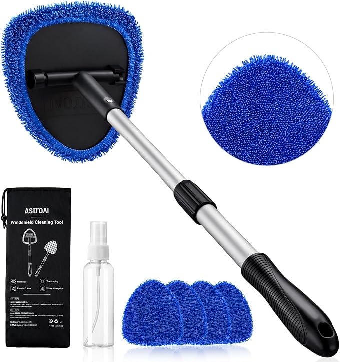 AstroAI 26" Super-Long Windshield Cleaner Tool, Car Interior Window Detailing Cleaning Kit with Extendable Handle and 4 Upgraded Reusable Microfiber Pads, Auto Glass Wiper Brush Kit for Car&Home, Blue by AstroAI