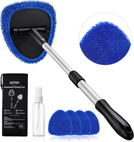 AstroAI 26" Super-Long Windshield Cleaner Tool, Car Interior Window Detailing Cleaning Kit with Extendable Handle and 4 Upgraded Reusable Microfiber Pads, Auto Glass Wiper Brush Kit for Car&Home, Blue by AstroAI