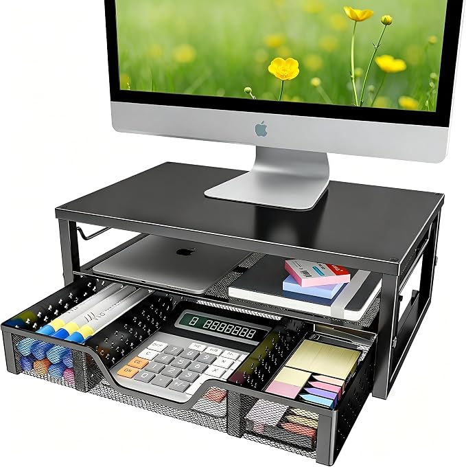 Simple Trending Monitor Stand Riser with Drawer, Black for Home Office | Metal 2-Tier Monitor Stand with Hidden Drawer | Ergonomic Neck Support | Desk Organizer | Space Saving | Fast Setup by SimpleTrending