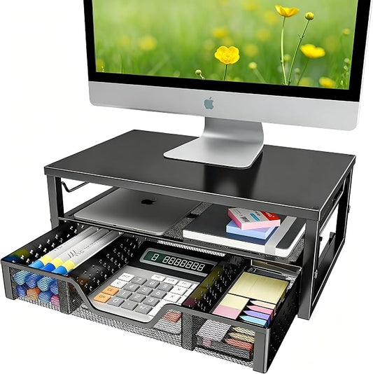 Simple Trending Monitor Stand Riser with Drawer, Black for Home Office | Metal 2-Tier Monitor Stand with Hidden Drawer | Ergonomic Neck Support | Desk Organizer | Space Saving | Fast Setup by SimpleTrending