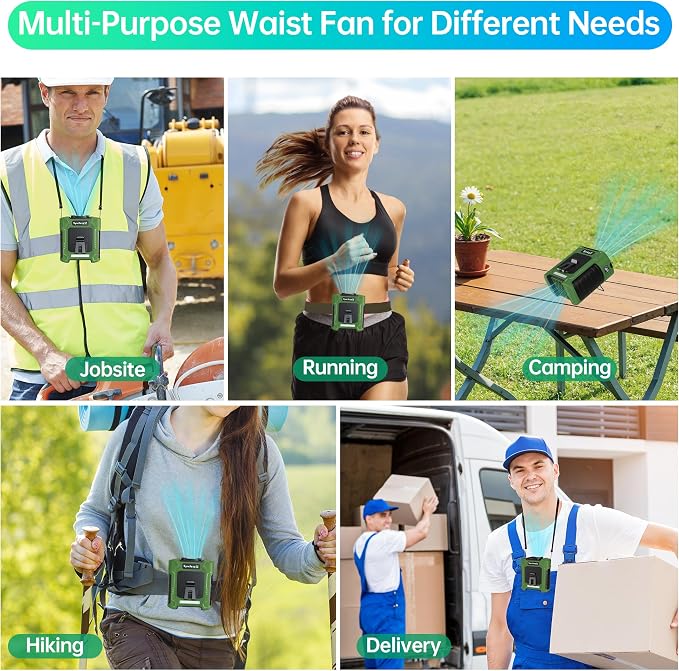 Waist Fan, 10000mAh Rechargeable Belt Clip Fan, 59ft/s Turbo Airflow, 18500RPM 6-Speed, Up to 35H, 8-in-1 Hands-Free Personal Fan with Bottom Air Intake, LED SOS Light for Travel, Camping, Daily Use - Image 6