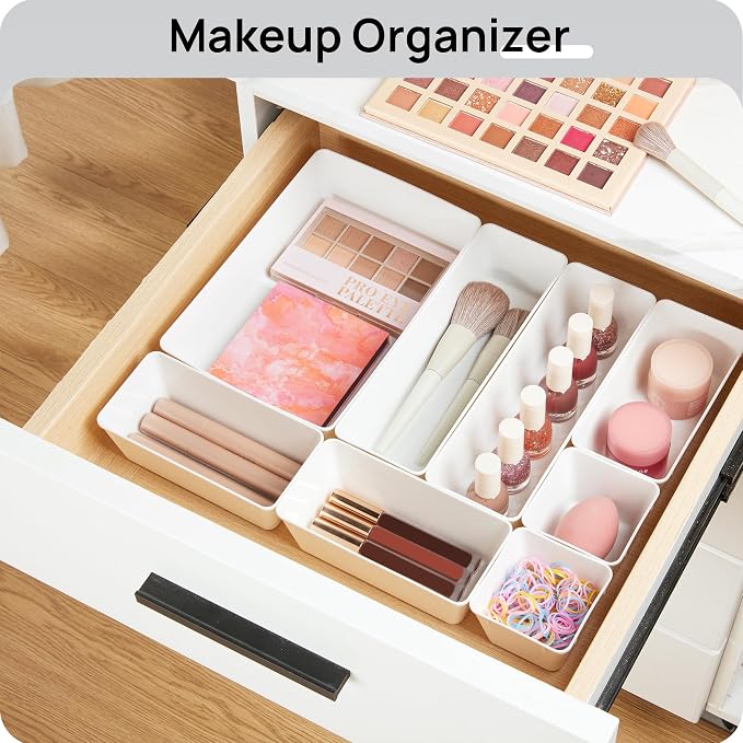 Vtopmart 44 PCS Plastic Drawer Organizer Set, Vanity Organizer Trays, White | 4-Size Versatile Makeup Organizer, Non-Slip Storage Containers for Makeup, Jewelries, Bedroom，Kitchen Utensils and Office - Image 4