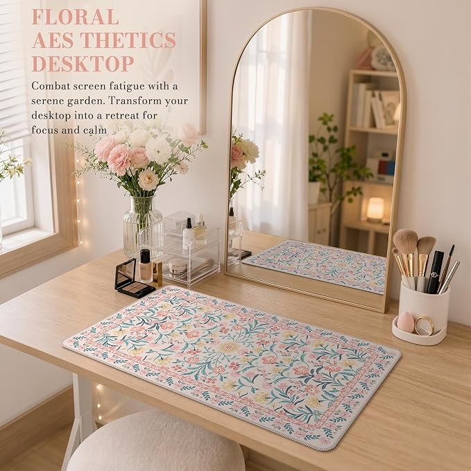 iCasso Aesthetic Mouse Pad for Office Decor,23.6x13.7in,Pink Floral | Desk Matt for Desktop,Anti-Slip Mousepad with Stitched Edges for Laptop Computer Keyboard,Smooth Water-Resistant - Image 6