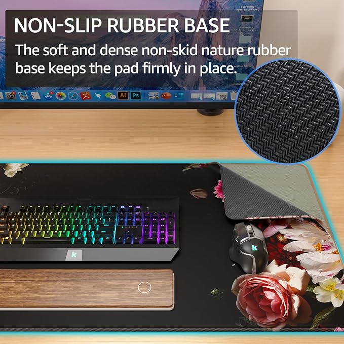 KTRIO Large Gaming Mouse Pad, Desk Mat, 31.5 x 15.7 in Peony Flower, XXL | Smooth Micro-Weave Surface, Artistic Pattern Design, Non-Slip Rubber Base, Durable Stitched Edges, Office & Home Use - Image 4