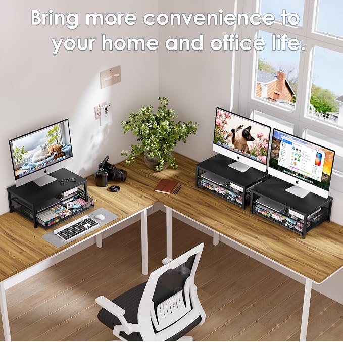 OPNICE Computer Monitor Stand Riser, Desk Organizer with Drawer, Printer & Laptop Stand, Office Desk Accessories & Workspace Desktop Organizers Storage for Office Supplies(Black) - Image 6