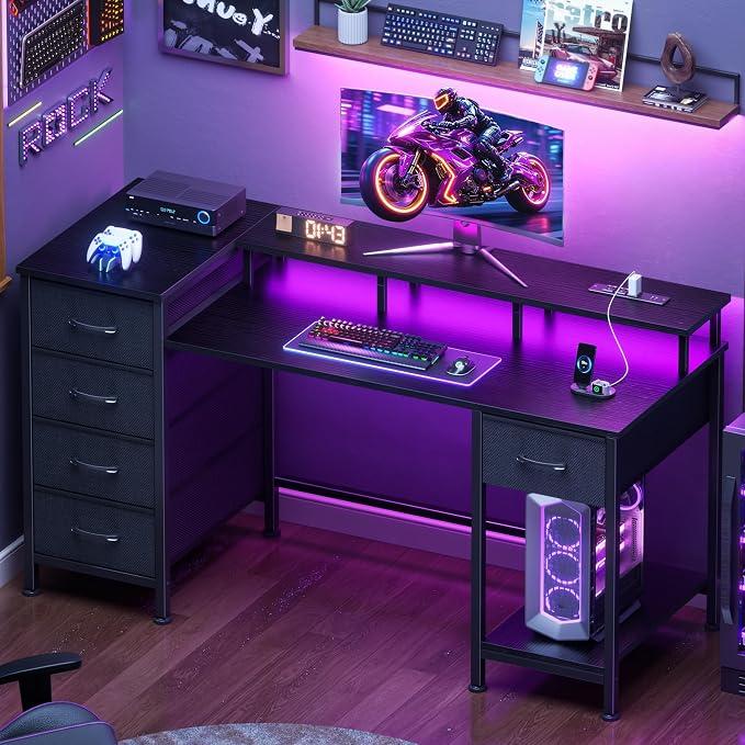 Korfile 47 Inch Gaming Desk with Power Outlets and LED Lights, Reversible Computer Desk with 5 Fabric Storage Drawers, Home Office Desk with Monitor Stand for Working Writing Study, Black | Gaming desk with power outlets &LED lights,reversible design w... - Image 3