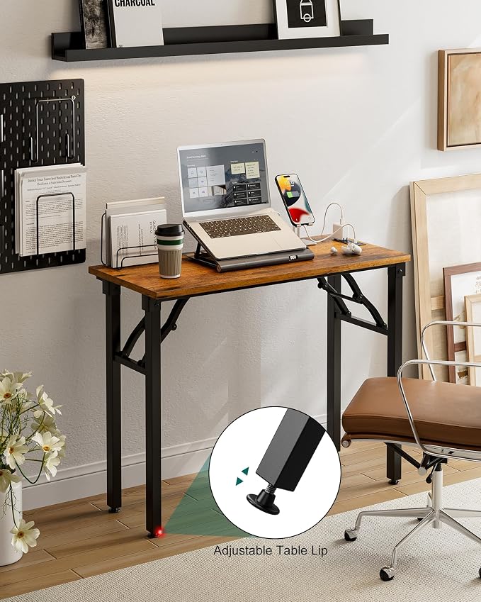 Frylr Small Folding Computer Desk – 35.8 Inch Portable Table for Craft and Study, Lightweight Desk for Small Spaces, Foldable Laptop Table Built-in AC/USB Outlets for Convenience, Rustic Brown - Image 8