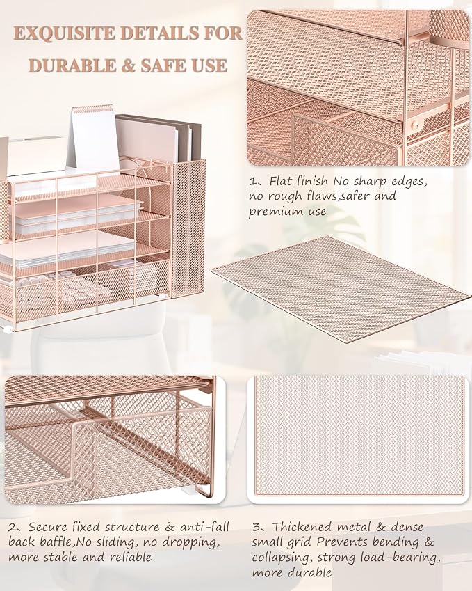 WALI Desk File Organizer, 4 Tier Desktop Paper Letter Tray Organizer with Drawer and 2 Pen Holders, Office Desk Accessories & Workspace Organizers for Office, Home, School Supplies, 1 Pack, Rose Gold - Image 5