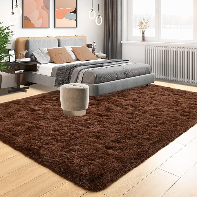 Tepook 5x8 Brown Area Rugs for Living Room Bedroom, Soft Fluffy Plush Shaggy Girls Boys Kids Room Rug, Shag Upgrade Non-Slip Throw Carpet for Dorms Nursery Classroom Home Decor - Image 2