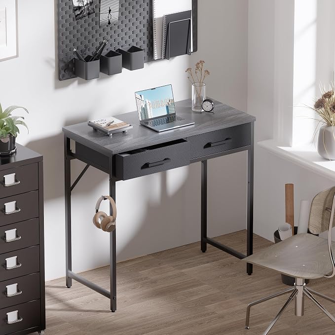 Pamray 32 Inch Small Computer Desk with 2 Drawers for Bedroom Study Writing Home Office Table for Small Spaces Grey - Image 2