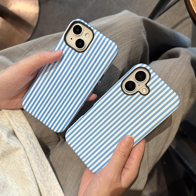 for iPhone 15 Case Striped Cute Aesthetics Phone Case Trendy Protective Shockproof Cover for iPhone 15 Blue White - Image 6