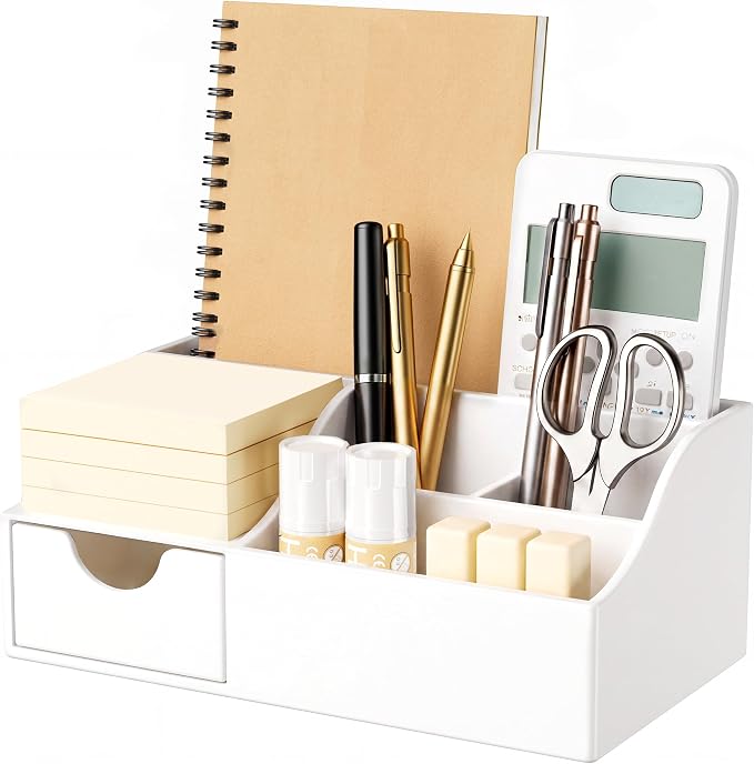 HBlife Acrylic Desk Organizer with Drawer, Pen & Pencil Holder, Multifunctional Desktop Caddy for Office Supply and Organization (White) by HBlife