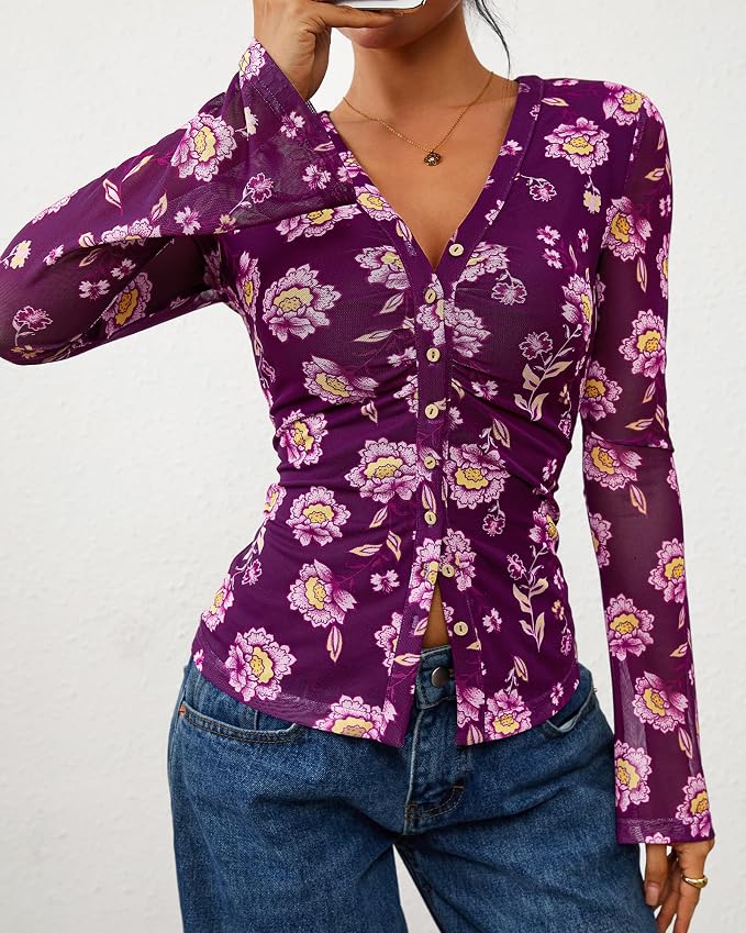 BTFBM Button Down Shirts for Women 2026 Fall Boho Tops V Neck Long Sleeve Blouses Ruched Mesh Fitted Fashion Clothing - Image 6