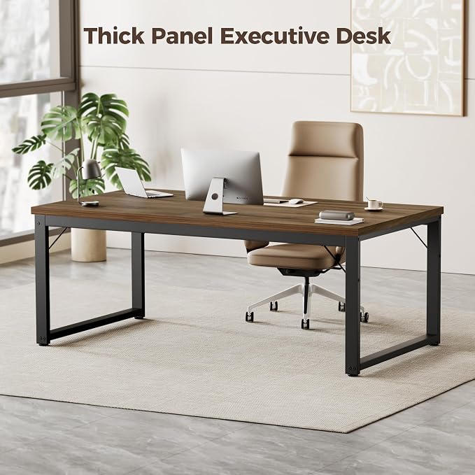 Mericonia 40 Inch Computer Desk, 1" Thick Small Office Table, Walnut | Modern Simple Style, Heavy Duty Industrial Frame, Small Study & Writing Table for Home Bedroom Work - Image 3