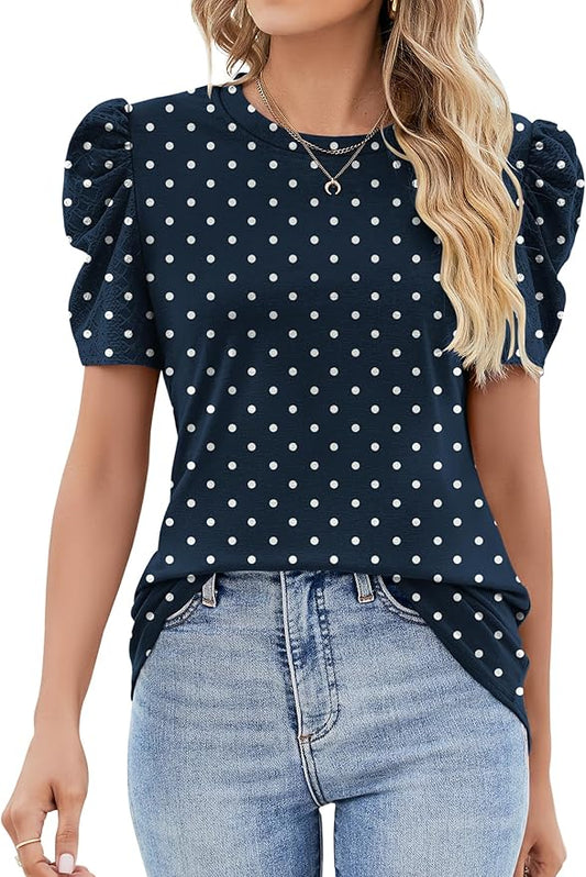 Ivicoer Puff Short Sleeve Shirt for Women Eyelet Tops Summer Crewneck Blouse Loose Fit S-XXL by Ivicoer