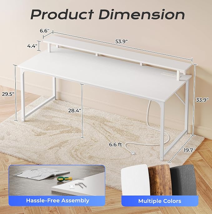 PRAISUN 55 inch Gaming Desk, LED & Power Outlets, Monitor Stand, White | Sturdy PC Desk for Home Office, Study & Work, LED Lights, 4 AC Outlets & USB-C Charging Station - Image 3