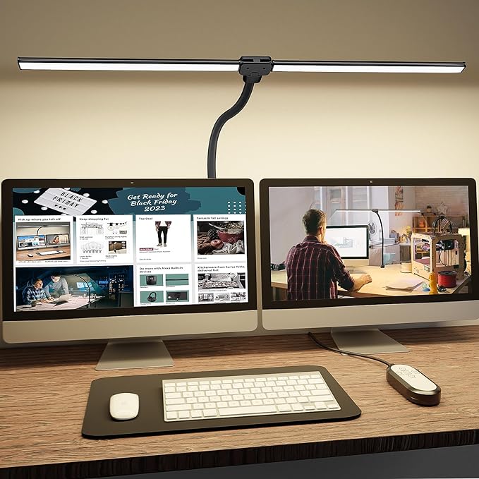 ShineTech LED Desk Lamp for Home Office, 3000K Warm White Double Head Architect Task Lamps with Clamp, Dimmable Adjustable Flexible, Black by ShineTech