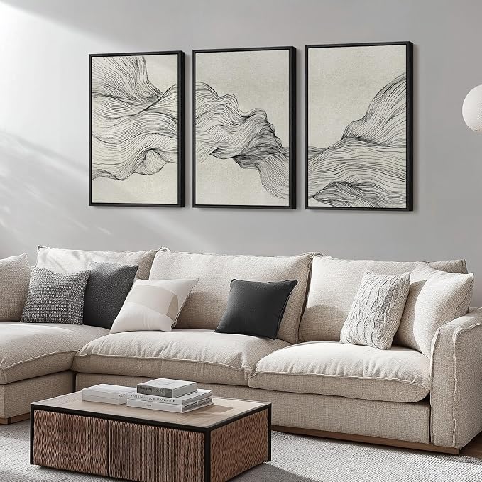 Large Framed Black and Beige Neutral Abstract Wall Art for Living Room, 3 Piece Modern Canvas Prints Paintings Artwork for Walls, Minimalist Lines Pictures for Hallway Stair Office Wall Decor 24x36 In - Image 2