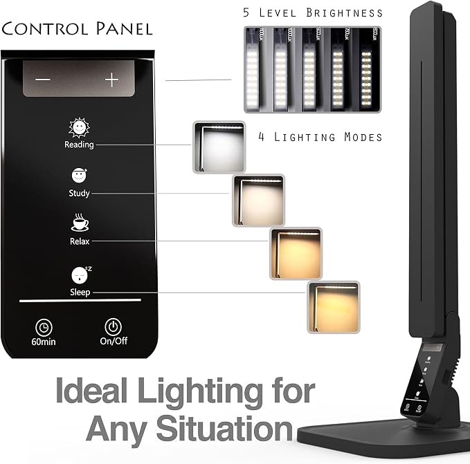 Lampat Dimmable LED Desk Lamp, 4 Lighting Modes (Reading/Studying/Relaxation/Bedtime), 5-Level Dimmer, Touch-Sensitive Control Panel, 1-Hour Auto Timer, 5V/1A USB Charging Port, Piano Black - Image 3