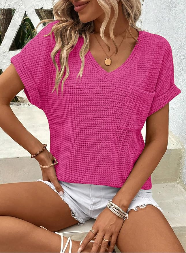 Dokotoo Womens Waffle Knit Tops 2026 Spring Summer V Neck Shirts Casual Trendy Women's Blouses Basic Tee - Image 3