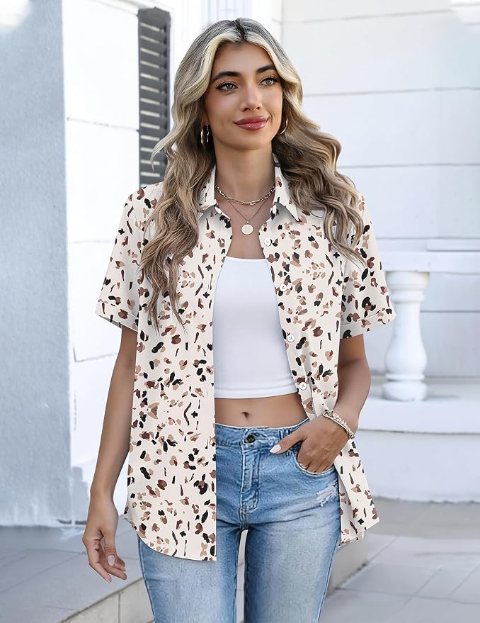 Zeagoo Button Down Shirts for Women Short Sleeve Collared Tops Dressy Casual V Neck Blouses - Image 3