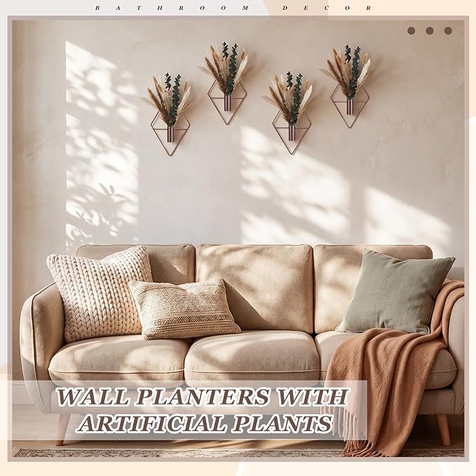 Jexine 4 Pcs Hanging Planters with Artificial Pampas Metal Hanging Vase Indoor Plants Holder Modern Geometric Boho Bathroom Wall Decor for Living Room Home Office, Bronze - Image 4