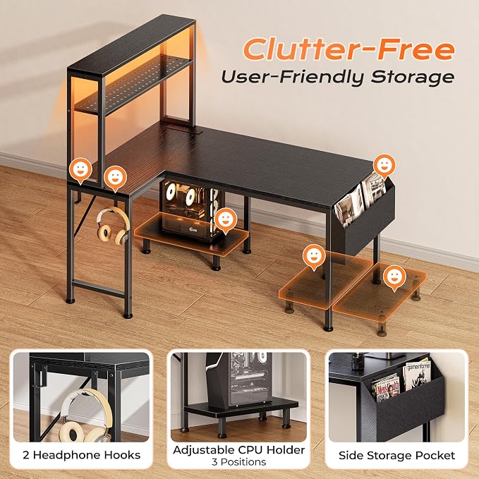 PRAISUN L Shaped Gaming Desk with LED Lights & Power Outlets, Reversible Computer Desk with Storage Shelves & Bag, Small Corner Home Office Desk with Pegboard for Work from Home, Black - Image 9
