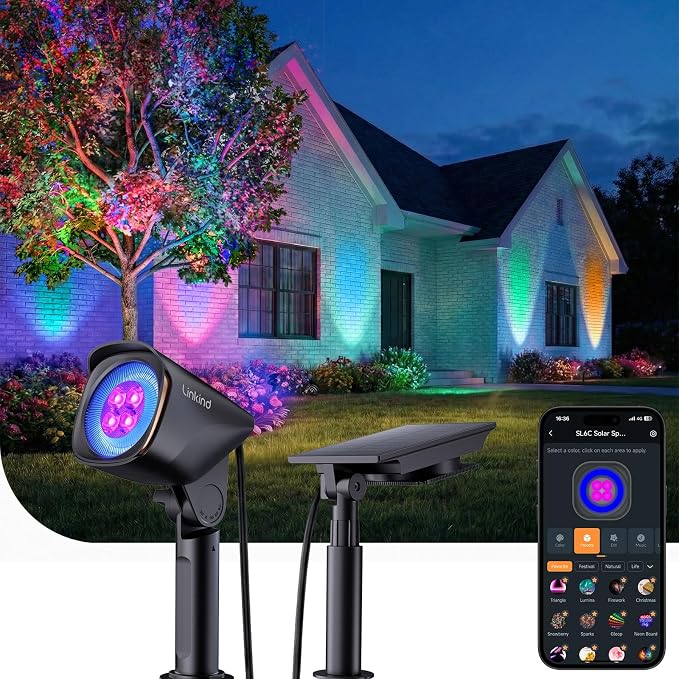 Linkind Smart Solar Lights Outdoor Waterproof SL6C, Dual-Ring Solar&USB Charging Solar Spotlights Outdoor Waterproof IP66, Color Changing Spot Light for Yard, Tree, Landscape, House, 1 Pack by Linkind