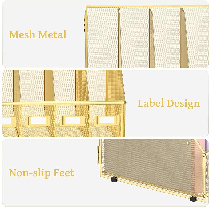 SUPEASY Desk Organizers Metal Desk Magazine File Holder with 5 Vertical Compartments Rack File Organizer for Office Desktop, Classroom, Home Workspace, Gold - Image 4