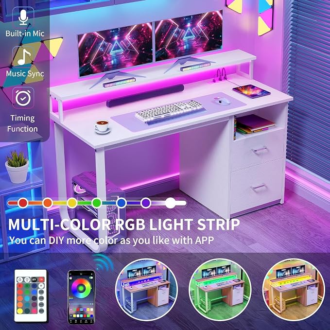 DWVO Office Desk with Drawers, 47" Computer Desk with Power Outlets & LED Light, Home Office Desk with Storage & Monitor Stand, White | Built-In Power Outlets, Led Light, Monitor Stand, Storage Space, For Home Office Study, Easy Assembly - Image 4