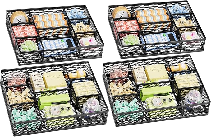 Marbrasse 2 Pack Desk Drawer Organizer, Mesh Drawer Organizer Tray with 8 Adjustable Compartments, Desk Organizers and Accessories, 5 Dividers Drawer for Office Supplies, Makeup & Vanity (Black-2P) by Marbrasse