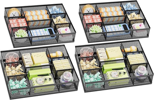 Marbrasse 2 Pack Desk Drawer Organizer, Mesh Drawer Organizer Tray with 8 Adjustable Compartments, Desk Organizers and Accessories, 5 Dividers Drawer for Office Supplies, Makeup & Vanity (Black-2P) by Marbrasse