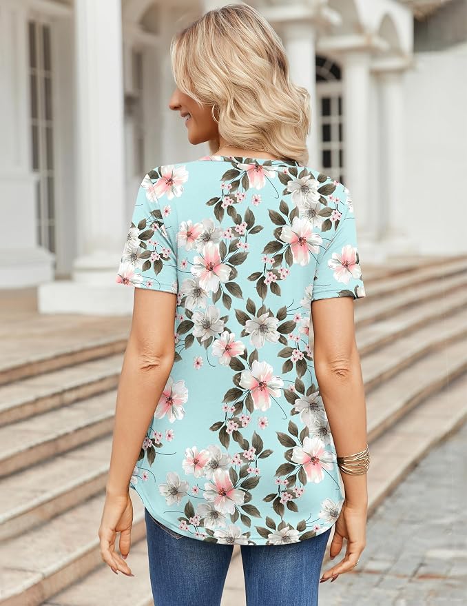 Zeagoo Womens Short Sleeve Tops Summer Henley V-Neck Tshirts Casual Pleated Blouse Dressy Loose Floral Basic Tee - Image 3