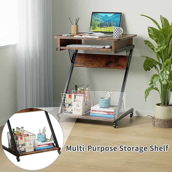 ALISENED Computer Desk for Small Spaces, 23.6" Z-Shaped Compact Study Table with Smooth Keyboard Tray with Wheels and Bottom Shelves for Home Office, Computer Cart Mobile Laptop Cart, Rustic Brown | 23.6" Z-Shaped, with Wheels and Bottom Shelves, for H... - Image 5