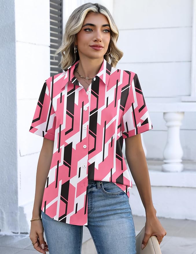 Zeagoo Button Down Shirts for Women Short Sleeve Collared Tops Dressy Casual V Neck Blouses - Image 4