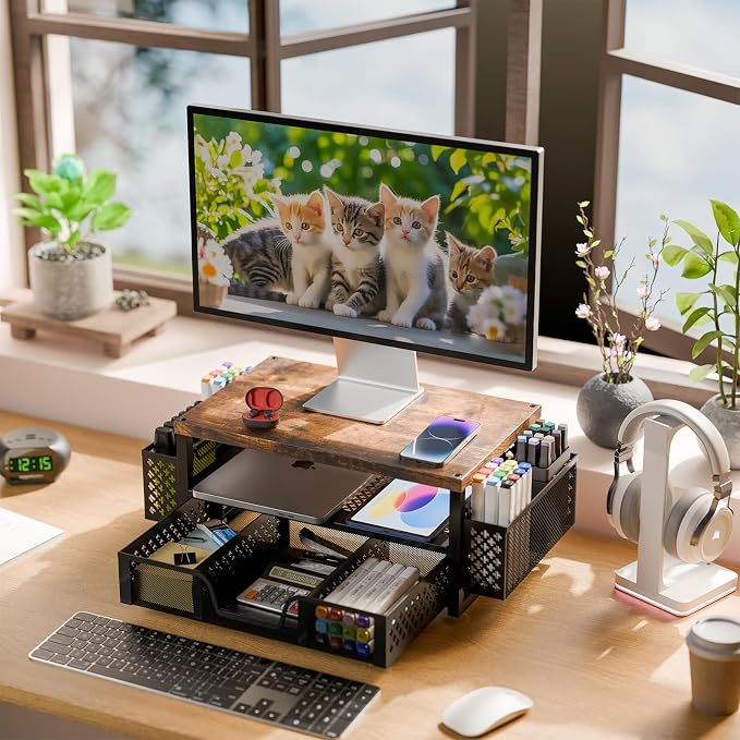 Simple Trending 2-Tier Wood Monitor Stand with Drawer & 2 Pen Holders | 20"W x 10"D x 5.8"H. Wood + metal frame, holds 100 lbs. 2-tier + drawer + pen holder. Non-slip base. Easy assembly. - Image 4