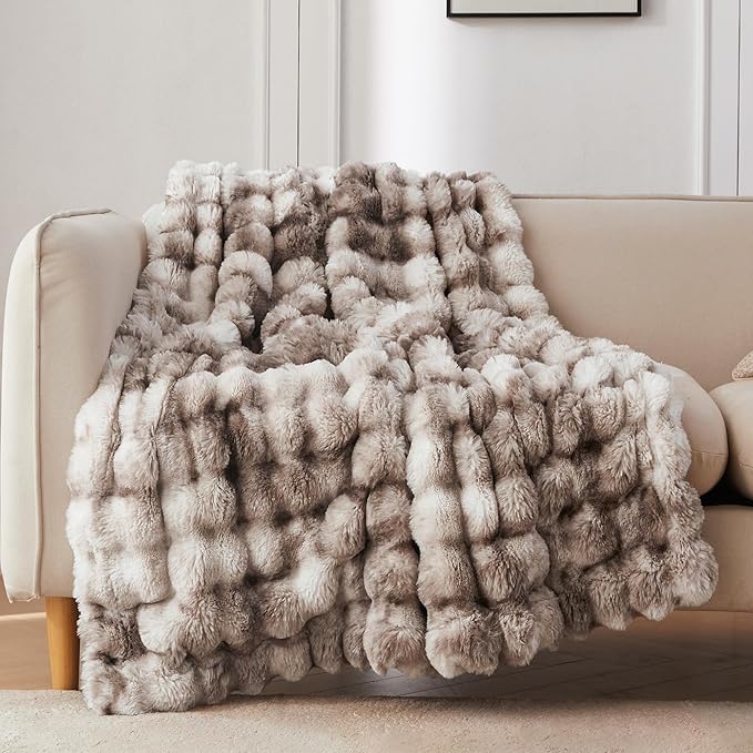 COOVA Faux Fur Throw Blanket for Couch, Cozy Soft and Fuzzy Plush Rabbit Fur Bubble Blanket for Sofa Bedroom Living Room, 50x60 Inches Tie Dye Brown by COOVA