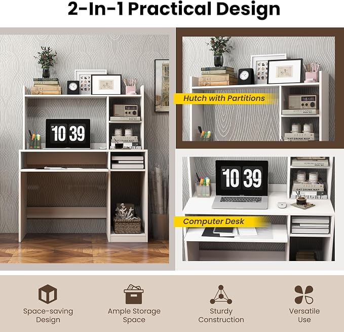 Giantex Computer Desk with Hutch, 43.5 Inch Home Office Desk with Keyboard Tray & Charging Station, Laptop PC Table for Workstation, Modern Study Writing Desk for Small Space, Bedroom, White - Image 7