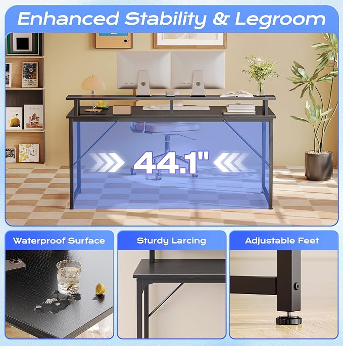 PRAISUN 48 inch Gaming Desk, LED & Power Outlets, Monitor Stand, Black | Sturdy PC Desk for Home Office, Study & Work, LED Lights, 4 AC Outlets & USB-C Charging Station - Image 8