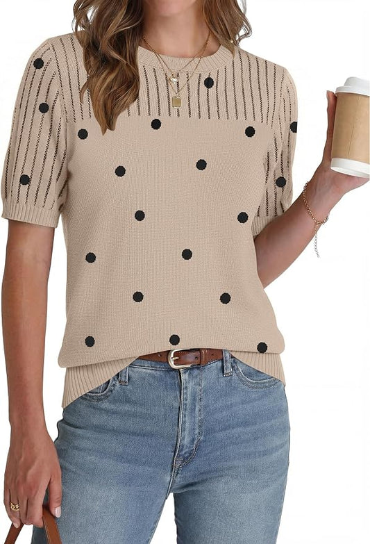 Zeagoo Women's Short Sleeve Sweater Tops 2026 Spring Summer Crew Neck Hollow Out Blouses Dressy Business Casual Outfits by Zeagoo