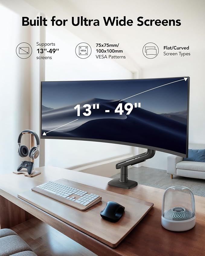 HUANUO TitanLift Heavy Duty Monitor Arm for Screens up to 49", Holds 44 lbs, Aluminum Ultrawide Screen Monitor Mount, Fully Adjustable Single Gaming Desk Mount with Dual C-Clamp, Max VESA 100x100mm - Image 3
