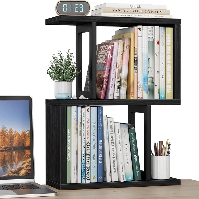 Desktop Bookshelf Shelf for Top of Desk - Black Small Organizer 3-Tier Shelves Storage Bookcase Hutch for Dorm Office College Table Top Organization Shelving Decorations for Women Office by Unknown