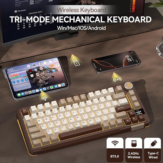 SOLAKAKA A75 PRO 75% Wireless Mechanical Keyboard with Screen and Knob, Tri-Mode Hot Swappable Gaming Keyboard, RGB Backlit Gasket Creamy Pre-lubed PBT Computer Keyboard for PC/Mac/Win,Brown - Image 3