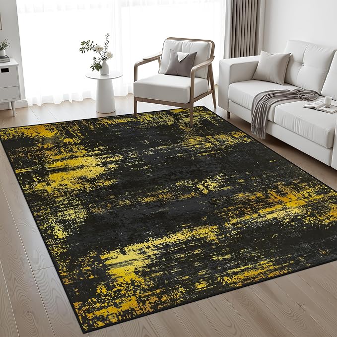4x6 Area Rug Living Room Rug: Washable Modern Abstract Soft Thin Rug Indoor Floor No Slip Carpet for Bedroom Dining Room Farmhouse Nursery Home Office - Dark Black Gold by FXRHLP