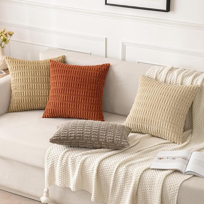 MIULEE Pack of 2 Corduroy Decorative Throw Pillow Covers 12x12 Inch Soft Boho Striped Pillow Covers Modern Farmhouse Home Decor for Sofa Living Room Couch Bed Tan - Image 4