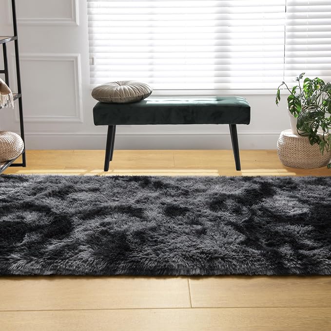 Tepook Fluffy Runner Rugs for Bedroom Aesthetic 2x6 Feet, Shag Soft Bedside Rug with Non-Slip Bottom, Fuzzy Plush Carpet for Room, Hallway Rug for Nursery Dorm Indoor Home Decor, Tie-dye Dark Grey - Image 5