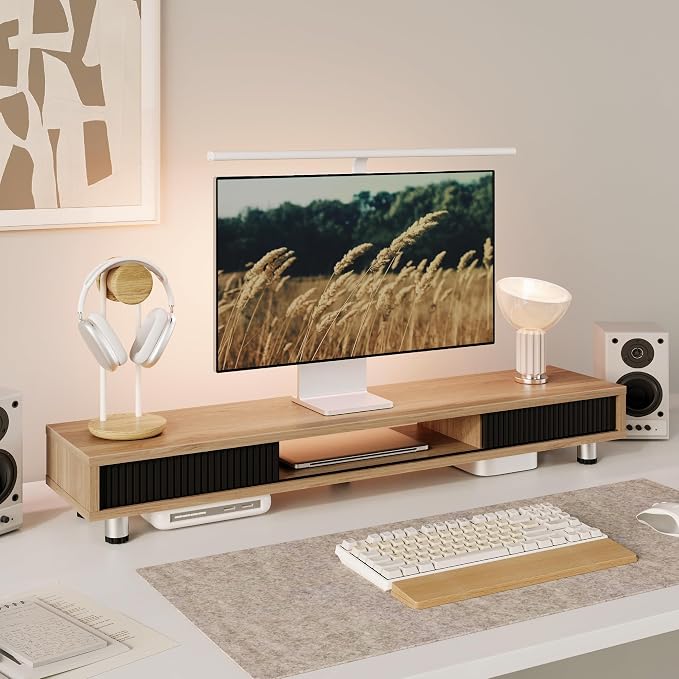 Fenge Dual Monitor Stand, 42.5inch Long Monitor Stands Riser for 2 Monitors, Glass Sliding Door with Storage Organizer Stand for Desk, 2 Tier Desk Shelf for Laptop, Pc, Printer, Computer, TV - Image 2